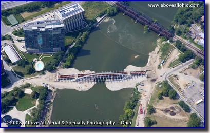 Aerial view of the new Main Street bridge in downtown Columbus, OH, currently under construction