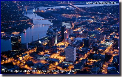 Downtown Toledo, Ohio, known as the "Glass City" shines in this night time aerial photo