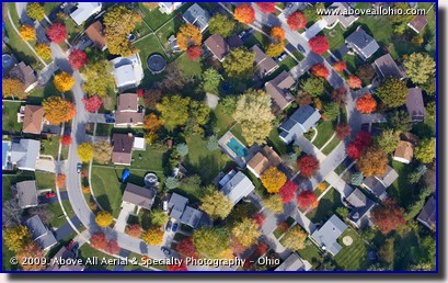 Aerial photograph of spectacular fall colors in a suburban Toledo (Ohio) neighborhood
