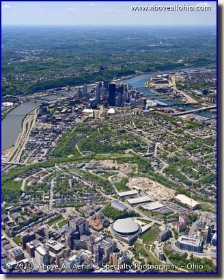 A portrait oriented aerial view of the University of Pittsburgh and downtown Pittsburgh, PA.