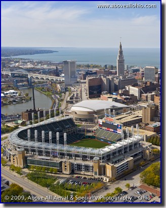 Aerial view of Progressive Field and Quicken Loans Arena in Cleveland, OH