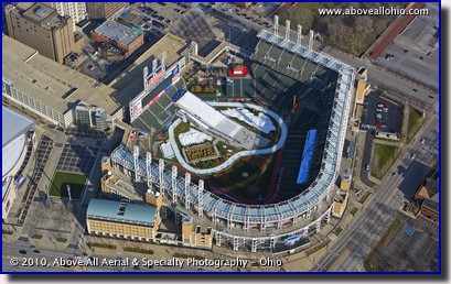 Aerial photograph of Progressive Field as set up for Snow Days; Cleveland, Ohio