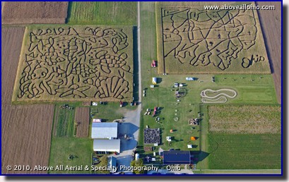 Aerial photo of the two huge corn mazes at Ramseyer Farms near Wooster, OH