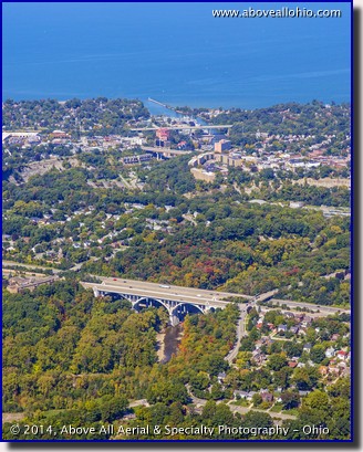 Aerial view of Rocky River, Ohio, looking out towards Lake Erie.