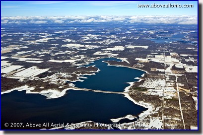 Aerial photograph of a wintery lake and countryside