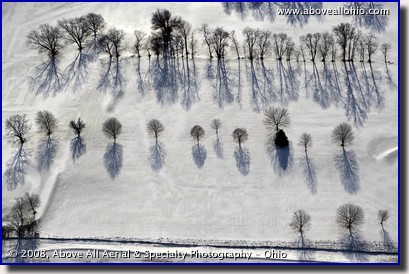 Aerial photograph of tree shadows on a snow covered golf course