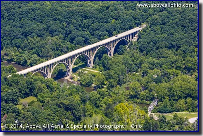 Aerial view of the Route 82 (also known as Chippewa Rd or Aurora Rd) bridge over the Cuyahoga Valley National Park.