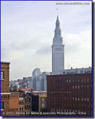 Elevated view of the Terminal Tower in downtown Cleveland, OH