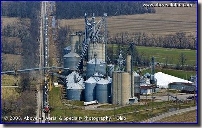 Aerial photo of a freight train being loaded at a grain elevator in Metamora, OH