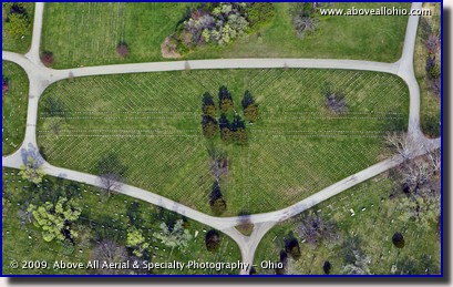 Overhead view of a Veterans cemetery at Green Lawn cemetery, Columbus, Ohio